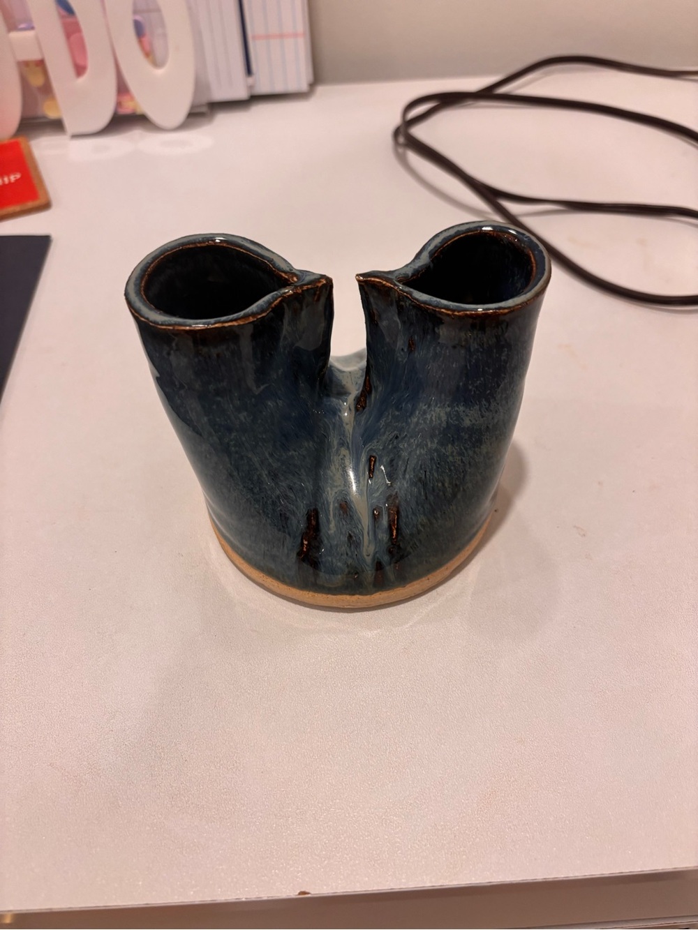 Blue Glazed Double-Spout Ceramic Vase